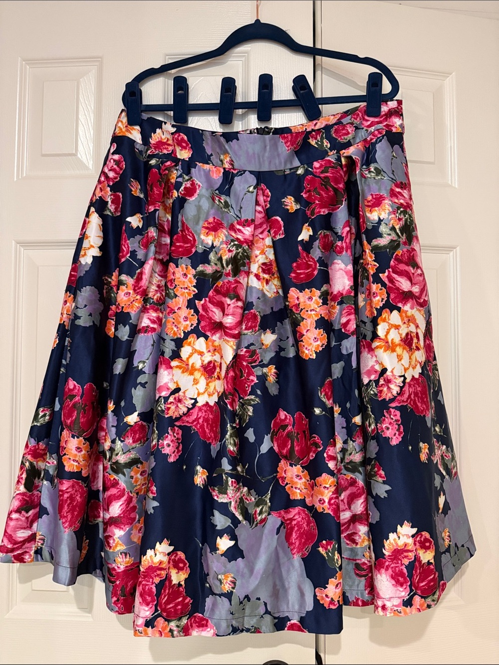 Women's Navy Floral Circle Skirt with Pink & Coral Blooms with pockets
